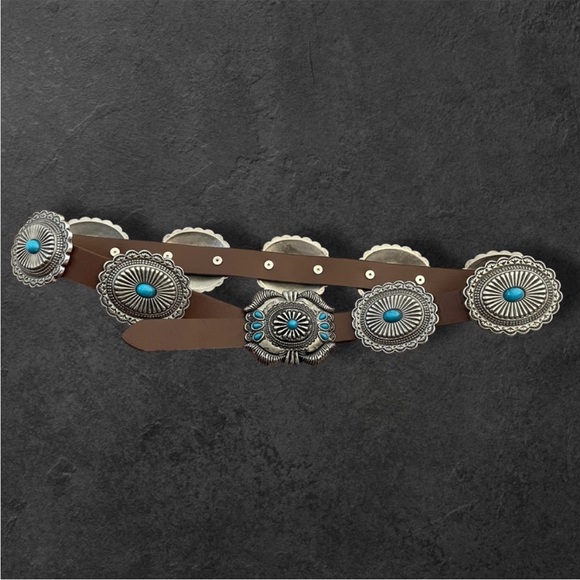 Shyanne Leather Silver-tone Faux Turquoise Concho Boho Belt Boot Barn S/M EUC main image 11